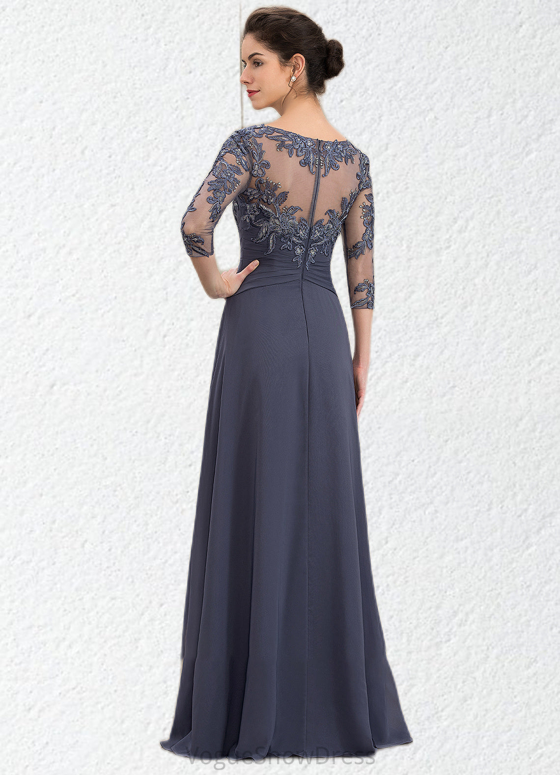 Kiara A-Line Scoop Neck Floor-Length Chiffon Lace Mother of the Bride Dress With Cascading Ruffles DL126P0014550