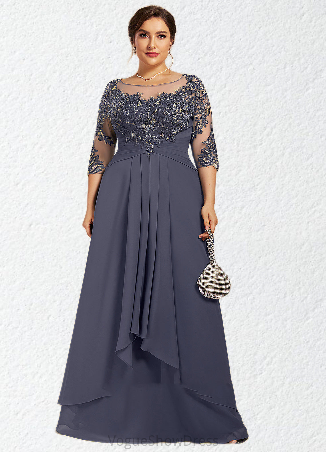 Kiara A-Line Scoop Neck Floor-Length Chiffon Lace Mother of the Bride Dress With Cascading Ruffles DL126P0014550