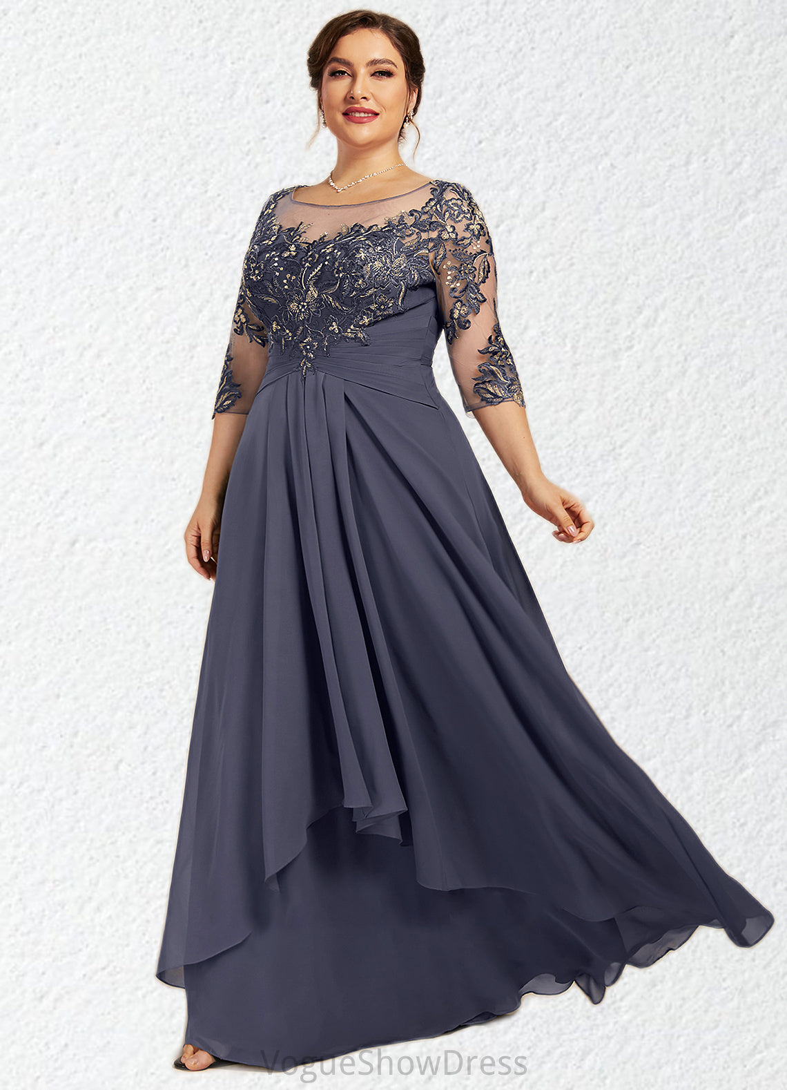 Kiara A-Line Scoop Neck Floor-Length Chiffon Lace Mother of the Bride Dress With Cascading Ruffles DL126P0014550