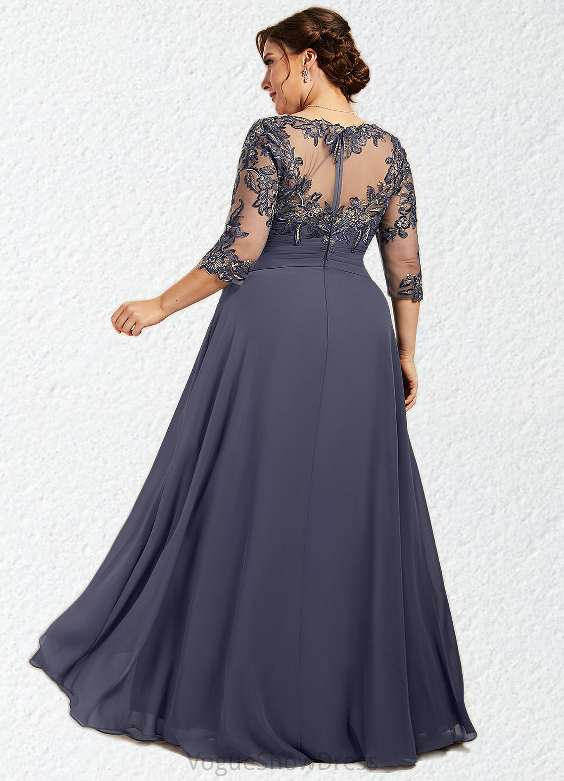 Kiara A-Line Scoop Neck Floor-Length Chiffon Lace Mother of the Bride Dress With Cascading Ruffles DL126P0014550