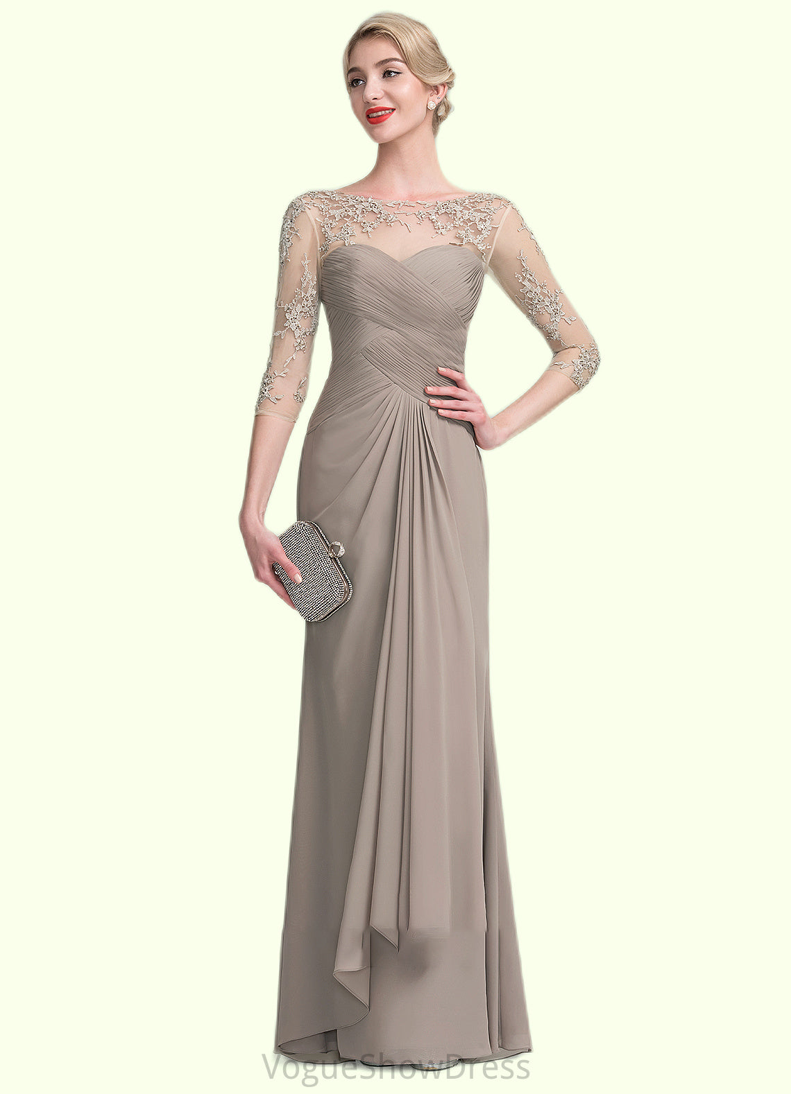 Alexis A-Line Scoop Neck Floor-Length Chiffon Lace Mother of the Bride Dress With Beading Sequins Cascading Ruffles DL126P0014551