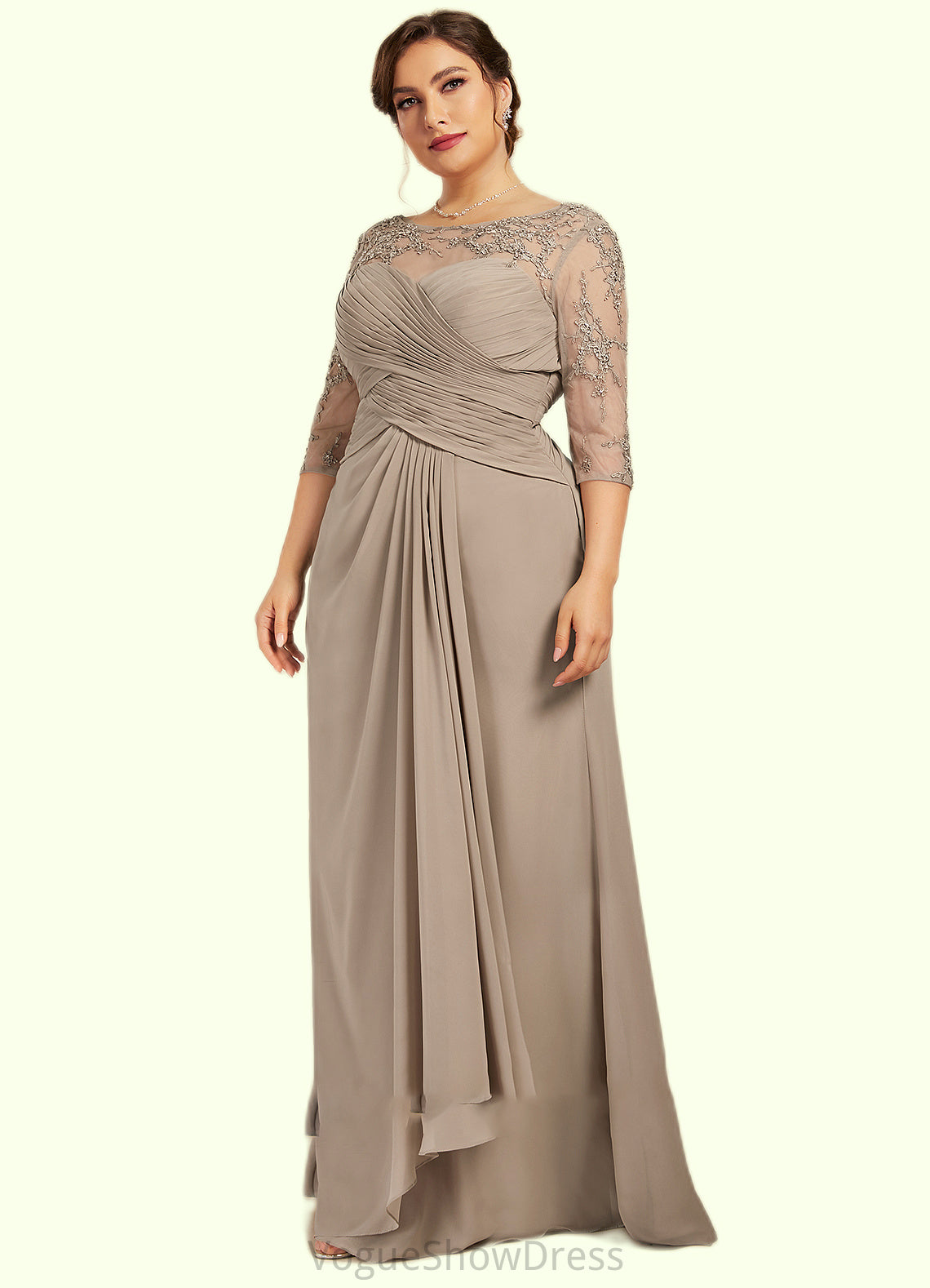 Alexis A-Line Scoop Neck Floor-Length Chiffon Lace Mother of the Bride Dress With Beading Sequins Cascading Ruffles DL126P0014551