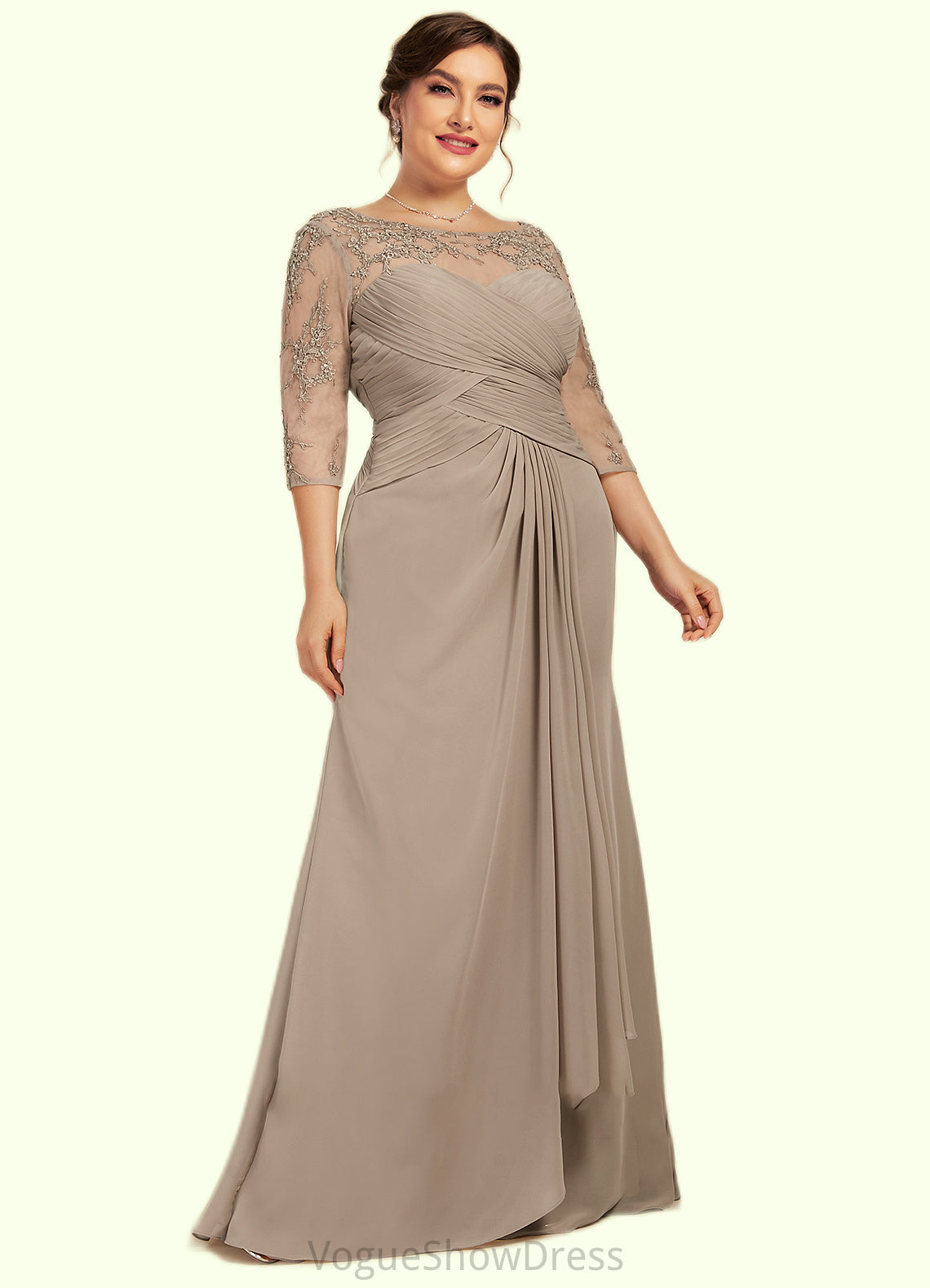 Alexis A-Line Scoop Neck Floor-Length Chiffon Lace Mother of the Bride Dress With Beading Sequins Cascading Ruffles DL126P0014551