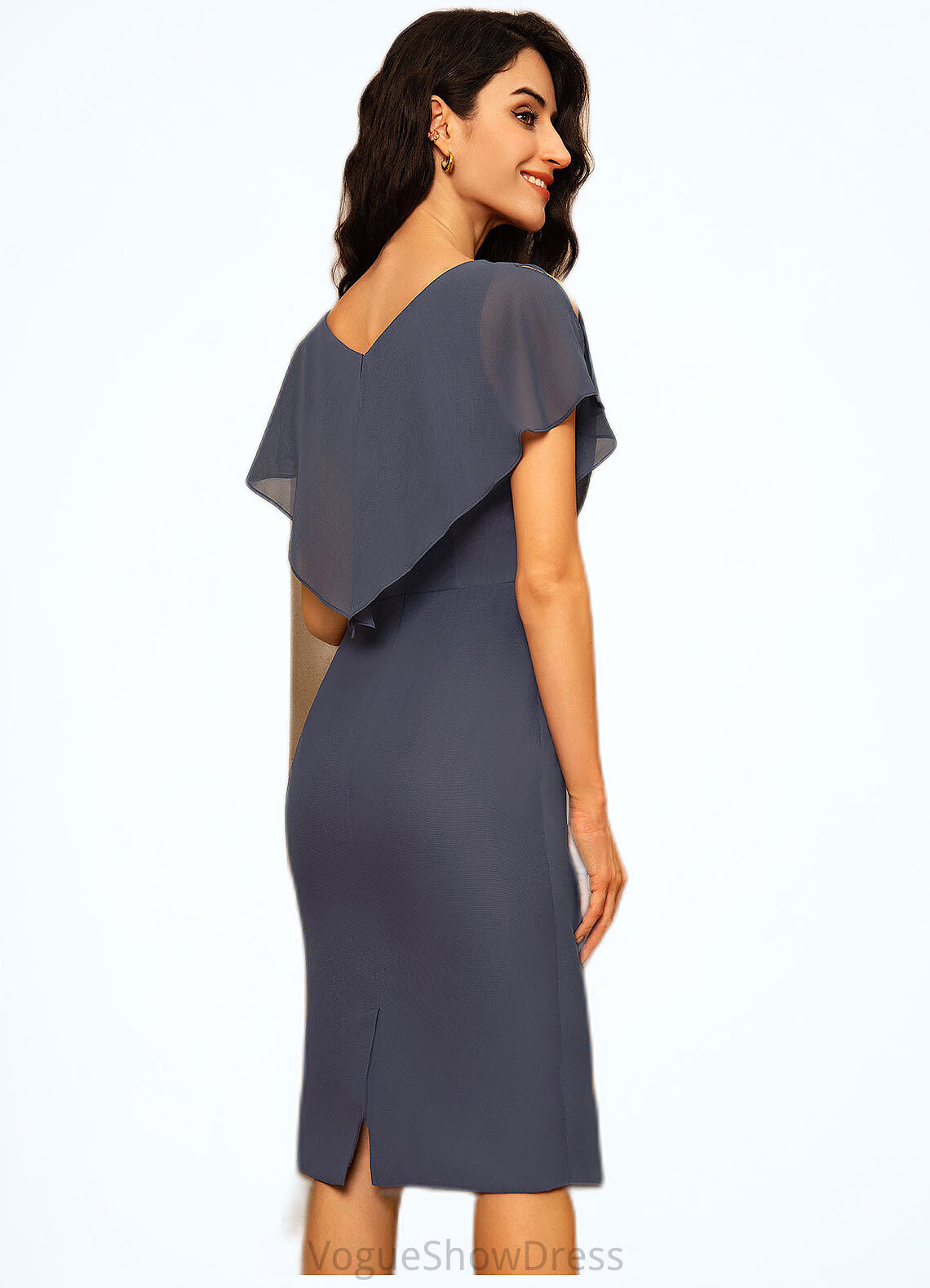 Blanche Sheath/Column V-neck Knee-Length Chiffon Mother of the Bride Dress With Ruffle DL126P0014552