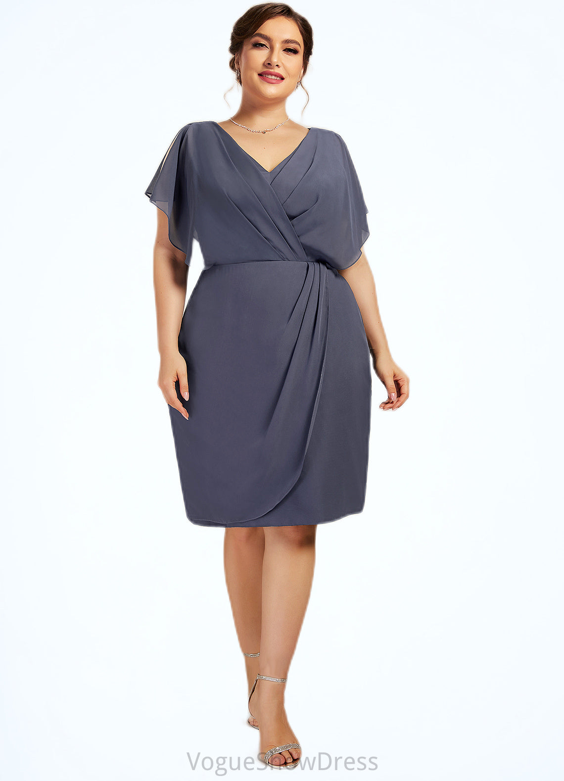 Blanche Sheath/Column V-neck Knee-Length Chiffon Mother of the Bride Dress With Ruffle DL126P0014552