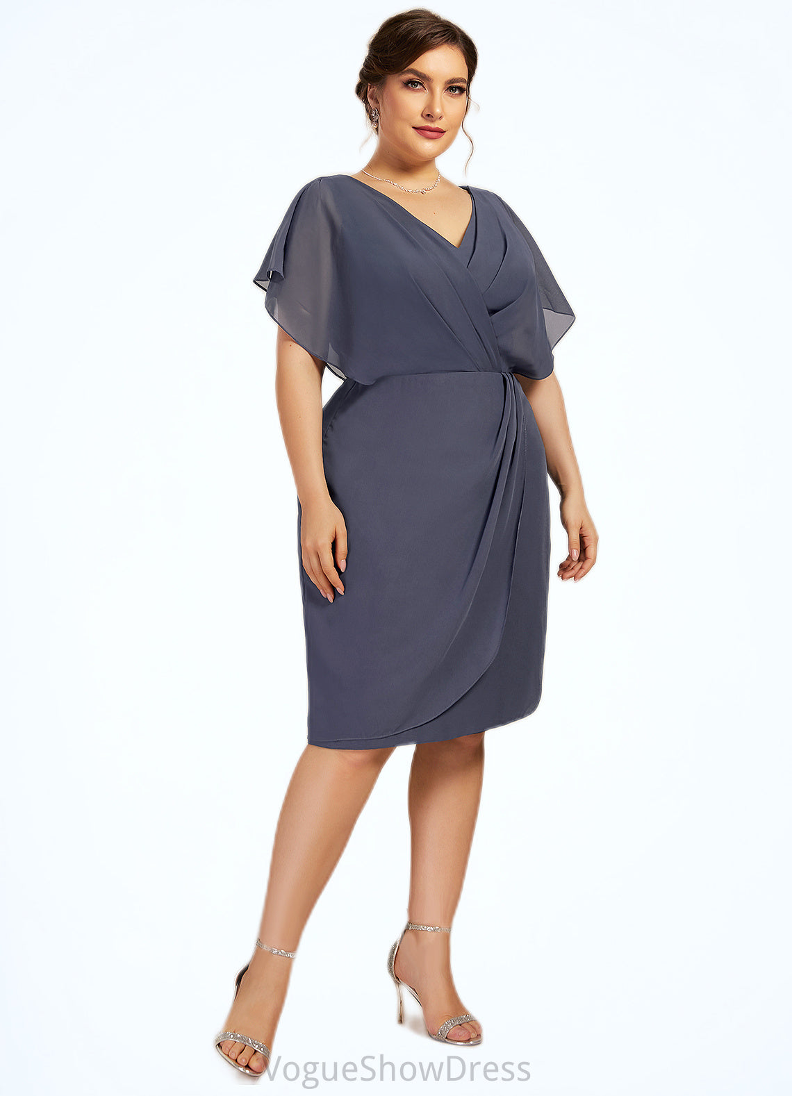 Blanche Sheath/Column V-neck Knee-Length Chiffon Mother of the Bride Dress With Ruffle DL126P0014552