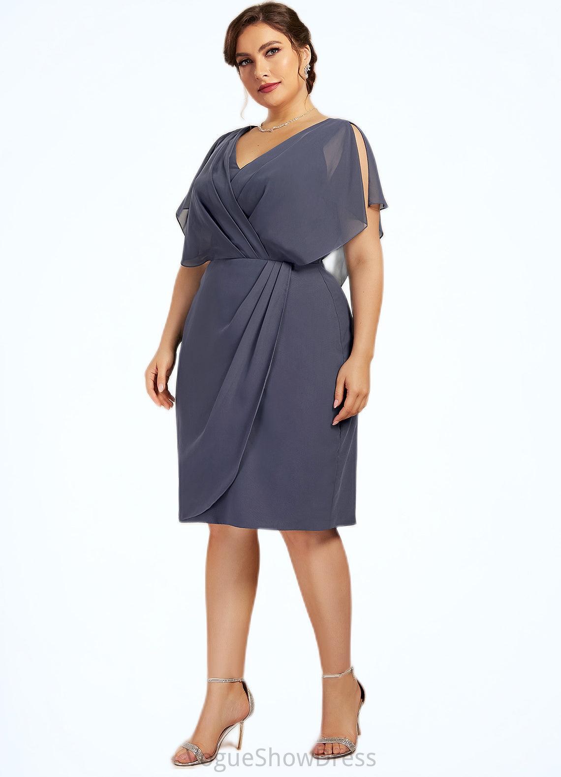 Blanche Sheath/Column V-neck Knee-Length Chiffon Mother of the Bride Dress With Ruffle DL126P0014552