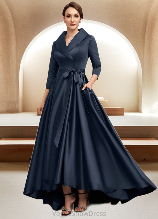 Alexa A-Line V-neck Asymmetrical Satin Mother of the Bride Dress With Bow(s) Pockets DL126P0014553