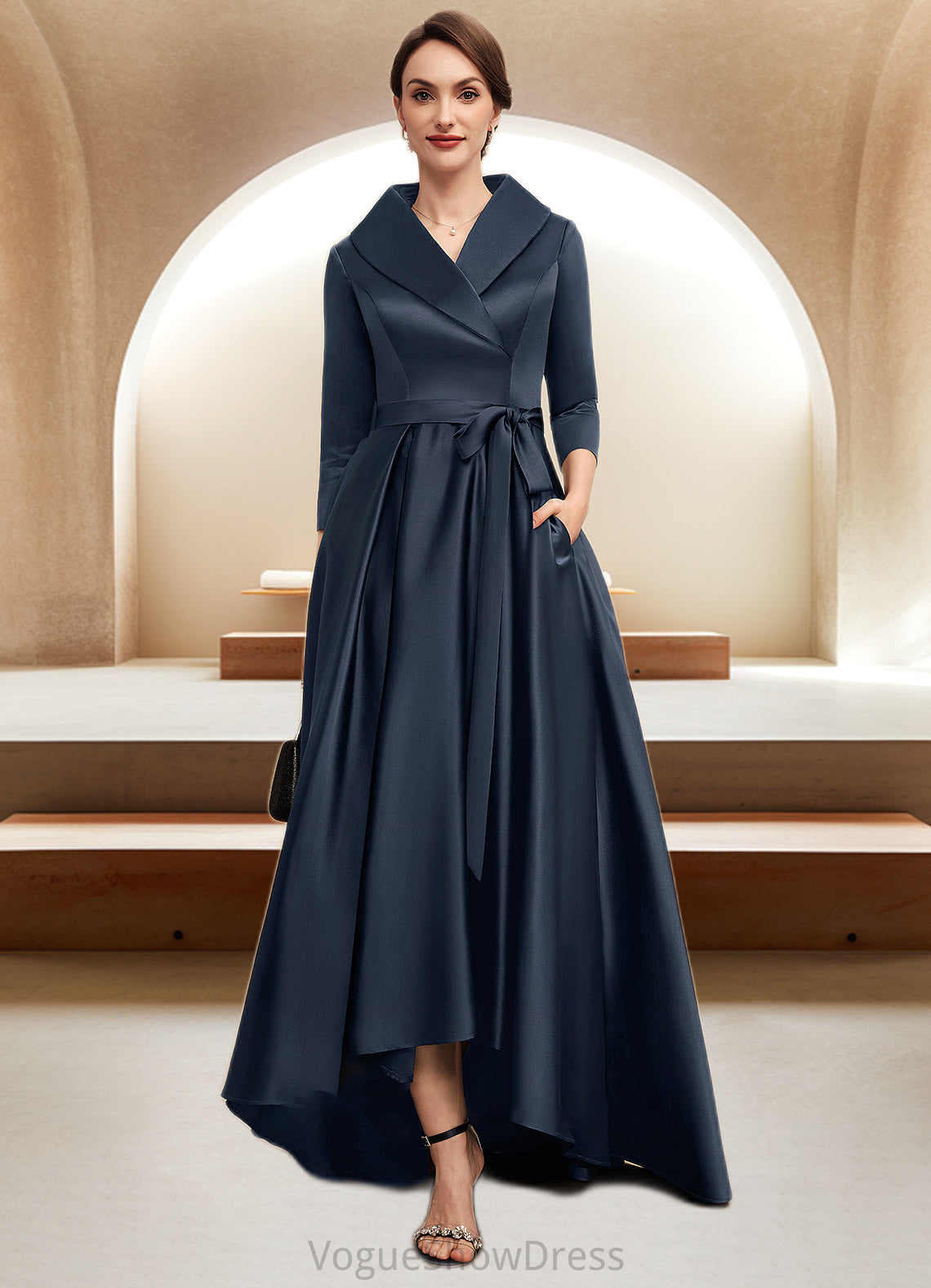 Alexa A-Line V-neck Asymmetrical Satin Mother of the Bride Dress With Bow(s) Pockets DL126P0014553