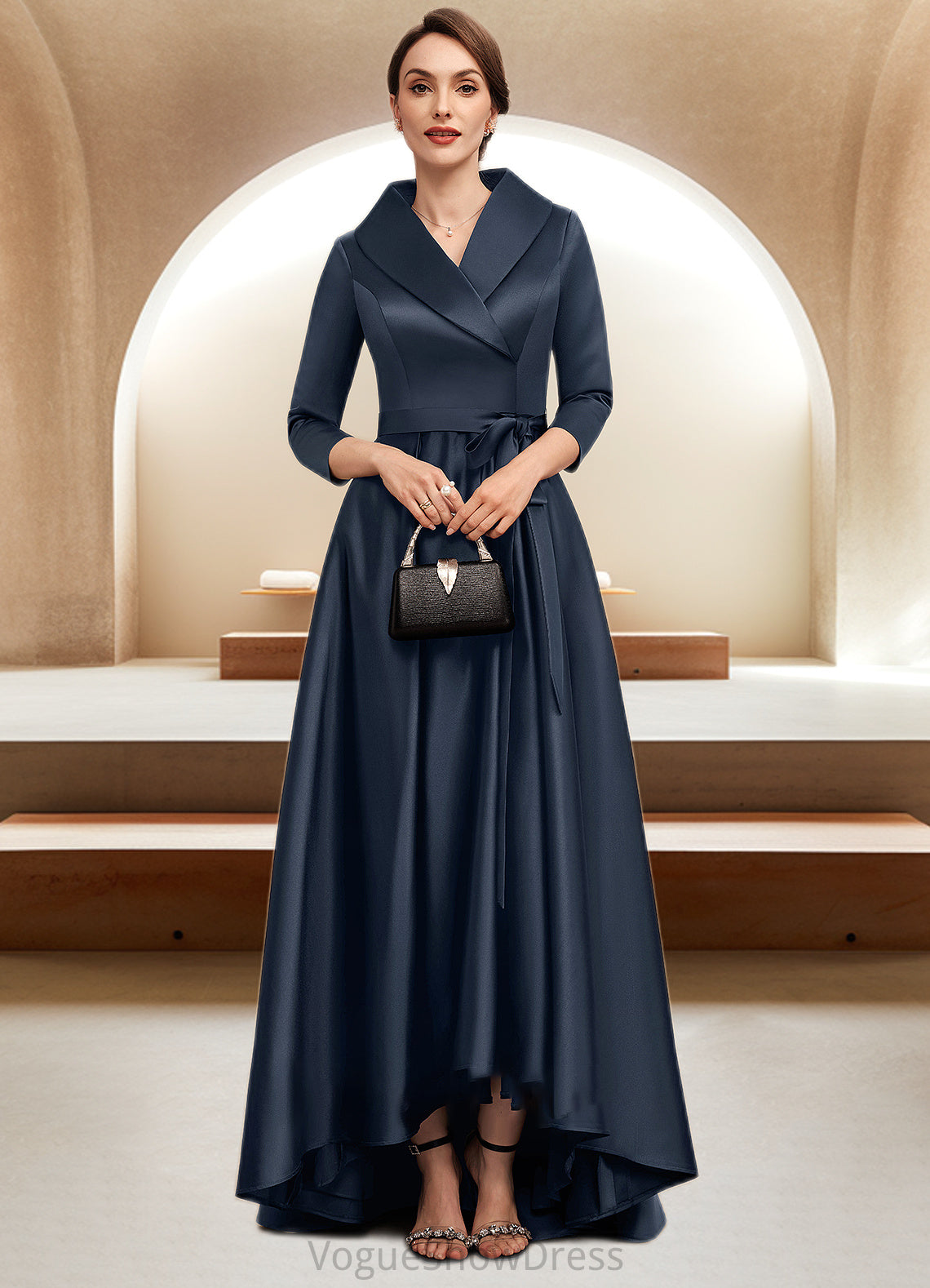 Alexa A-Line V-neck Asymmetrical Satin Mother of the Bride Dress With Bow(s) Pockets DL126P0014553