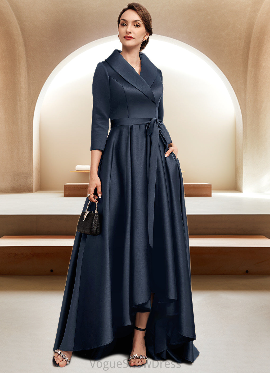 Alexa A-Line V-neck Asymmetrical Satin Mother of the Bride Dress With Bow(s) Pockets DL126P0014553