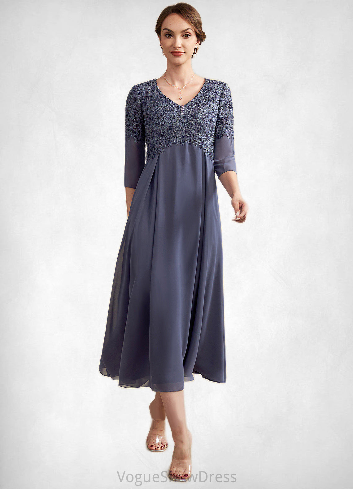 Maren A-line V-Neck Tea-Length Chiffon Lace Mother of the Bride Dress With Beading DL126P0014554