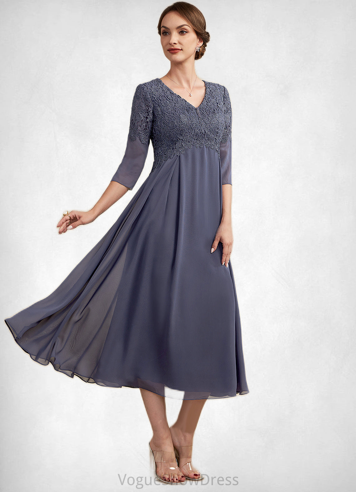 Maren A-line V-Neck Tea-Length Chiffon Lace Mother of the Bride Dress With Beading DL126P0014554