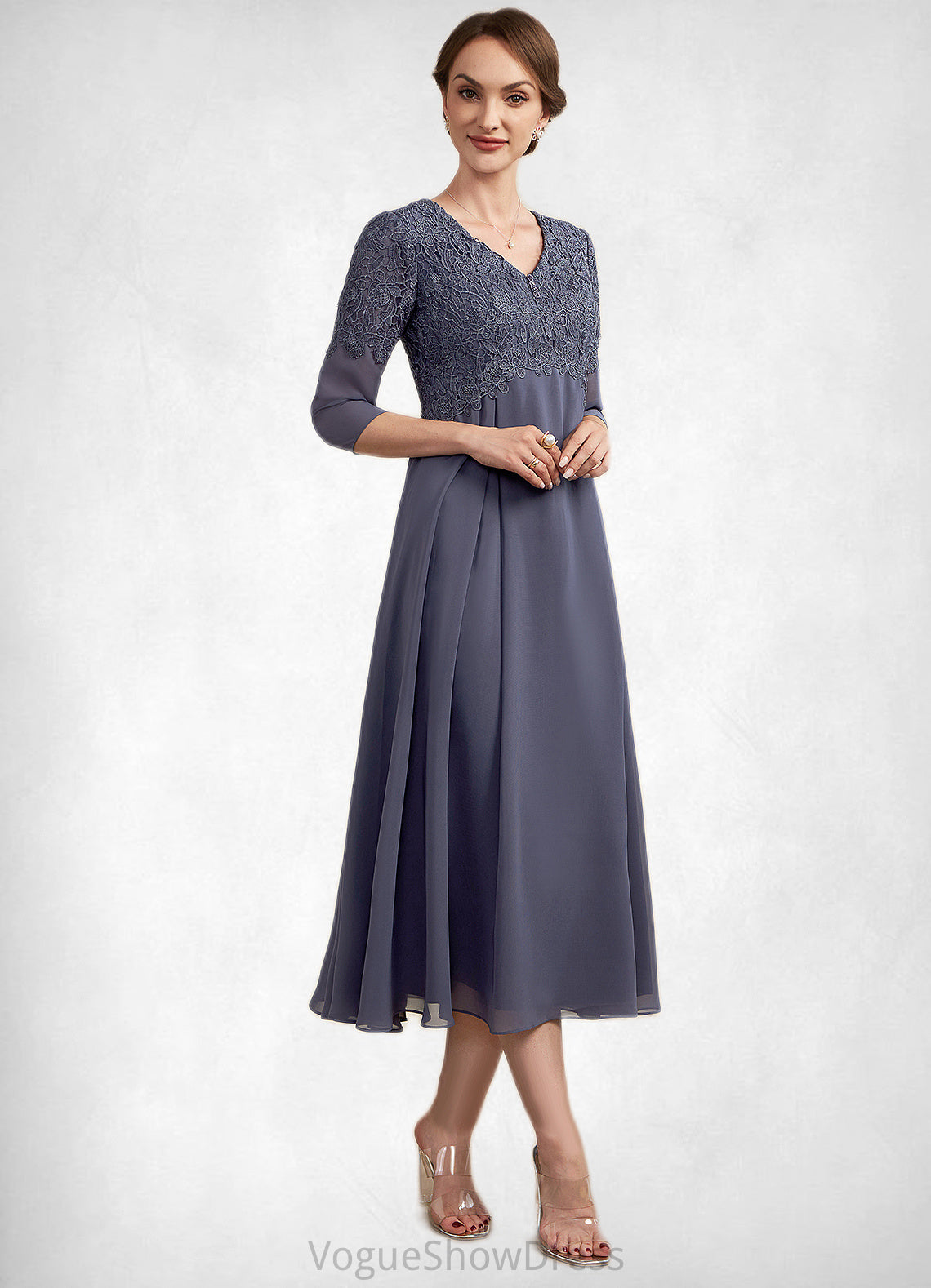 Maren A-line V-Neck Tea-Length Chiffon Lace Mother of the Bride Dress With Beading DL126P0014554