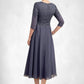 Maren A-line V-Neck Tea-Length Chiffon Lace Mother of the Bride Dress With Beading DL126P0014554