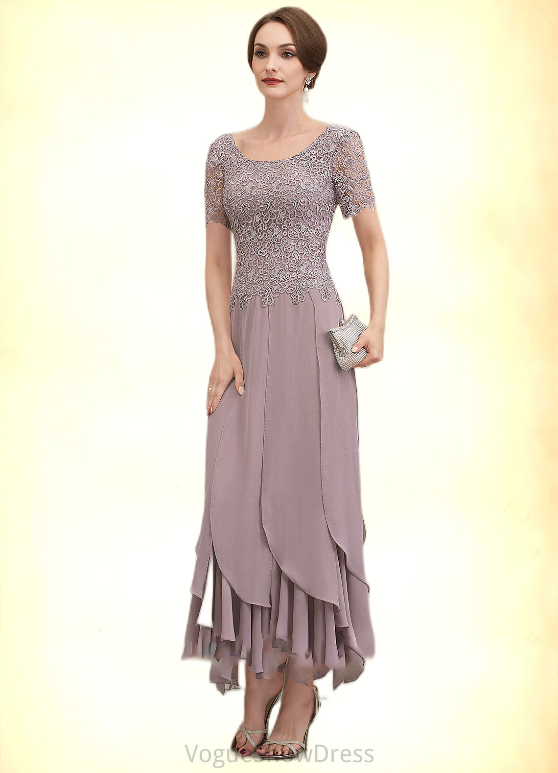 Esme A-Line Scoop Neck Ankle-Length Chiffon Lace Mother of the Bride Dress With Cascading Ruffles DL126P0014555