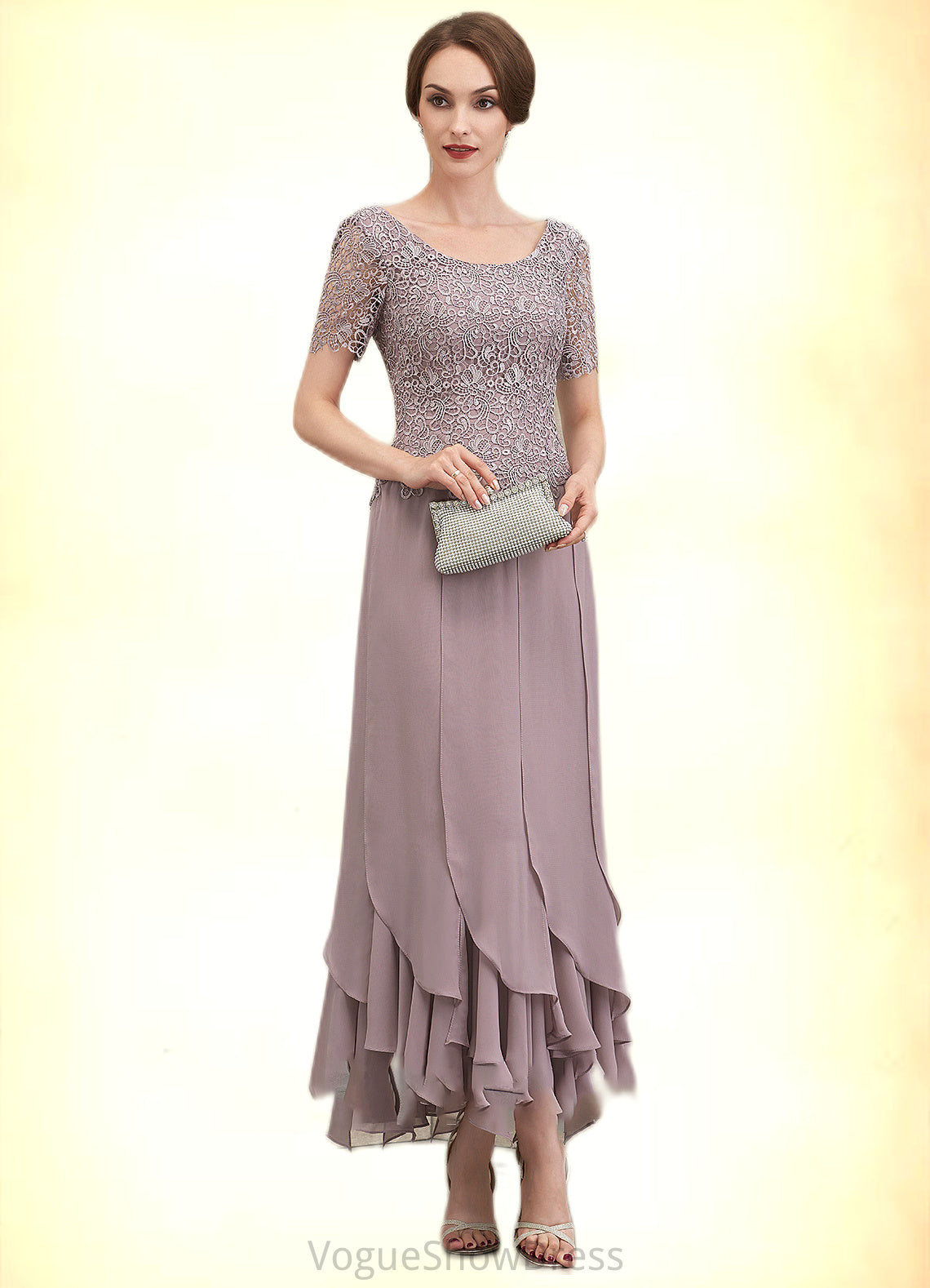 Esme A-Line Scoop Neck Ankle-Length Chiffon Lace Mother of the Bride Dress With Cascading Ruffles DL126P0014555