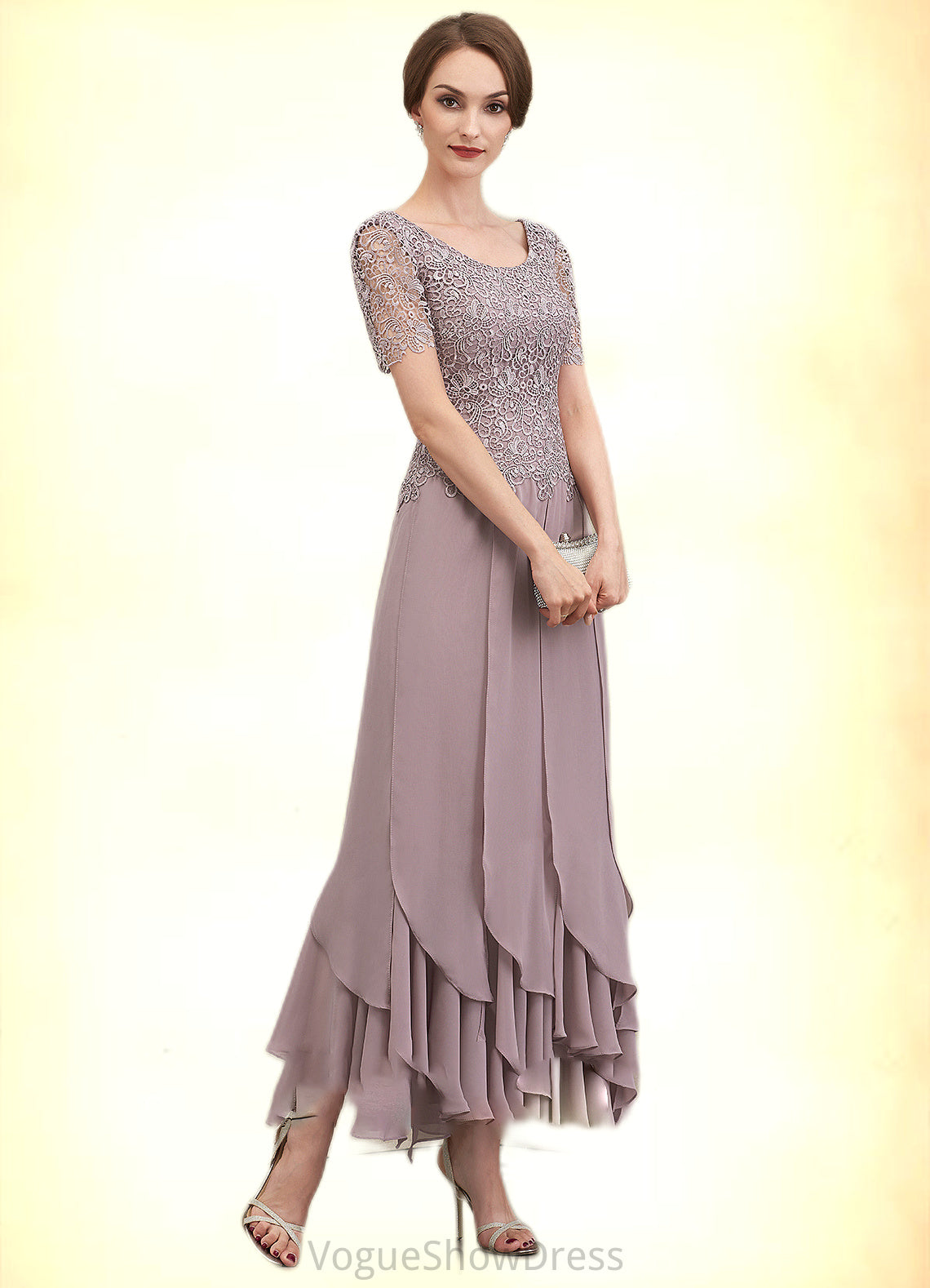 Esme A-Line Scoop Neck Ankle-Length Chiffon Lace Mother of the Bride Dress With Cascading Ruffles DL126P0014555