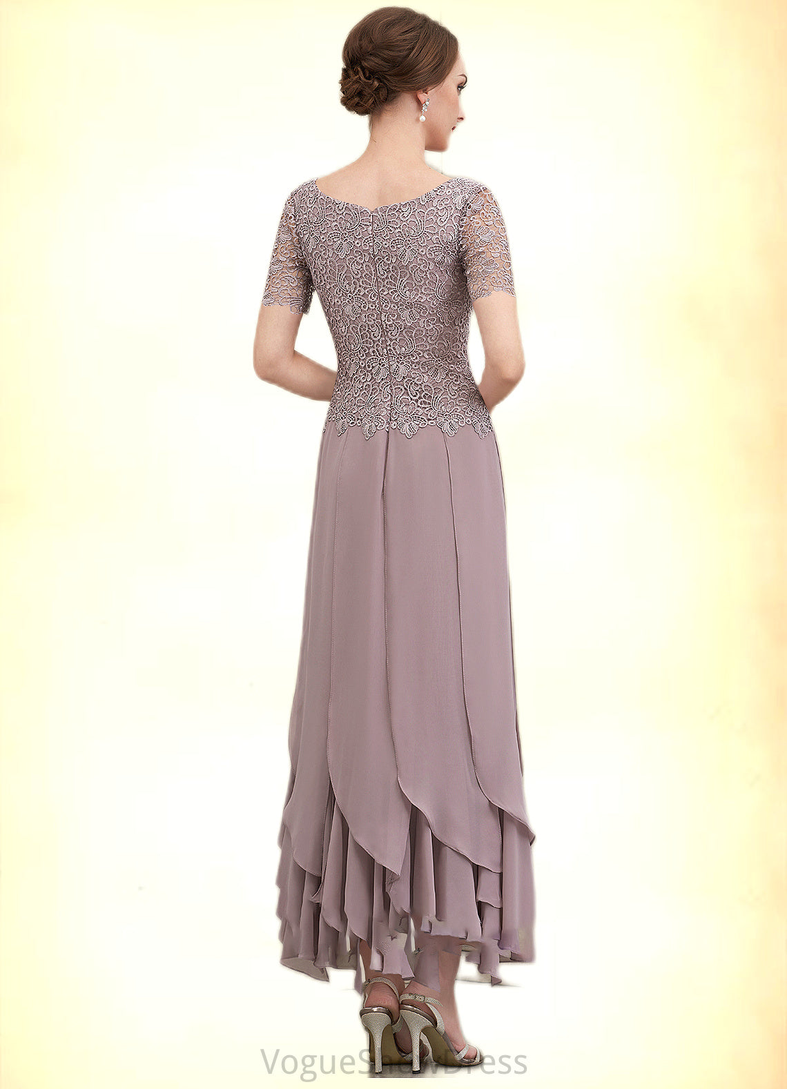 Esme A-Line Scoop Neck Ankle-Length Chiffon Lace Mother of the Bride Dress With Cascading Ruffles DL126P0014555