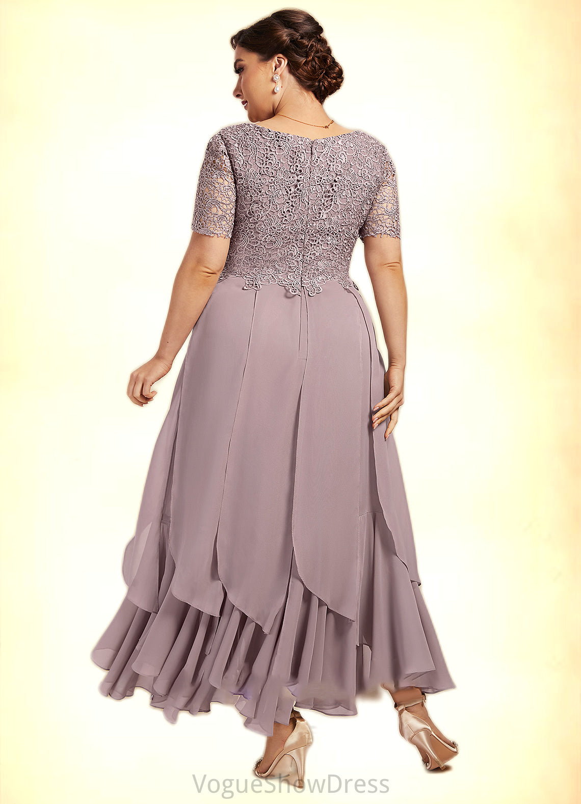 Esme A-Line Scoop Neck Ankle-Length Chiffon Lace Mother of the Bride Dress With Cascading Ruffles DL126P0014555