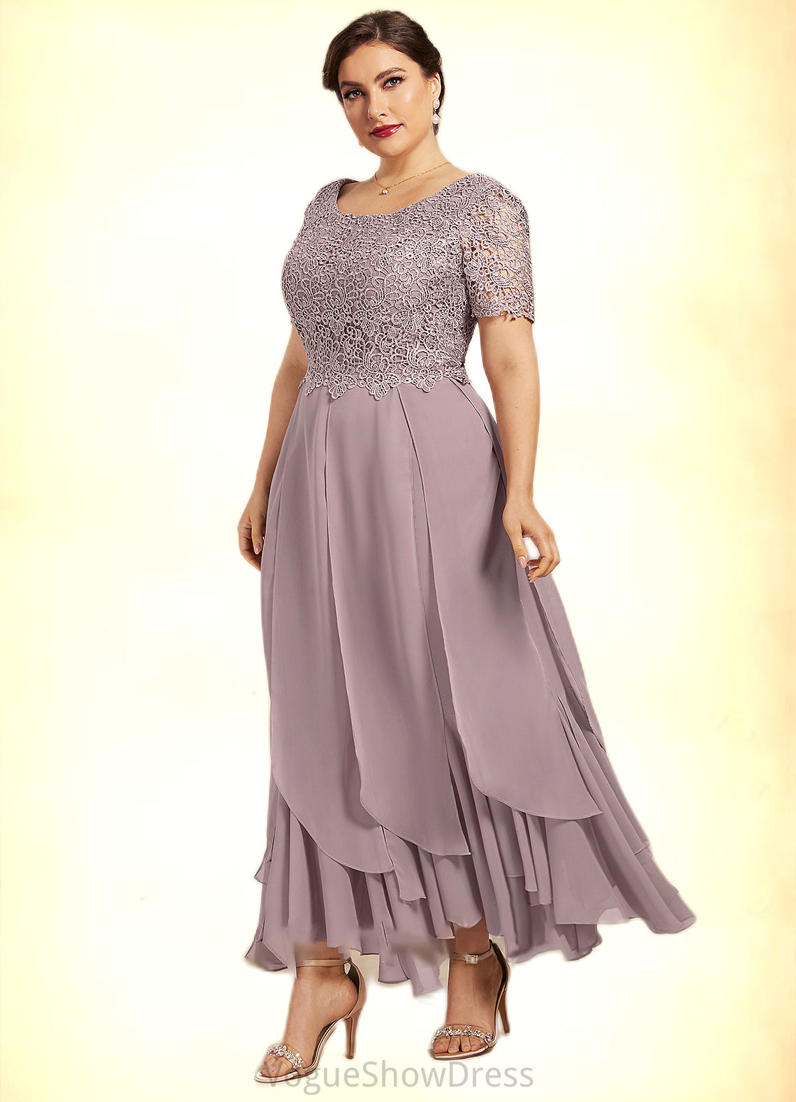 Esme A-Line Scoop Neck Ankle-Length Chiffon Lace Mother of the Bride Dress With Cascading Ruffles DL126P0014555