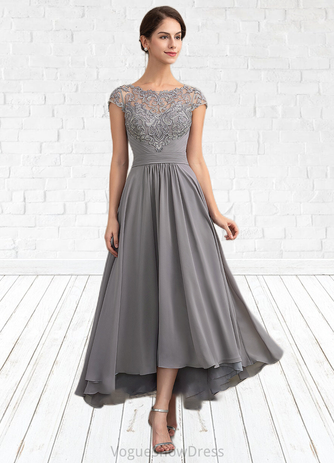 Harper A-Line Scoop Neck Asymmetrical Chiffon Lace Mother of the Bride Dress DL126P0014556