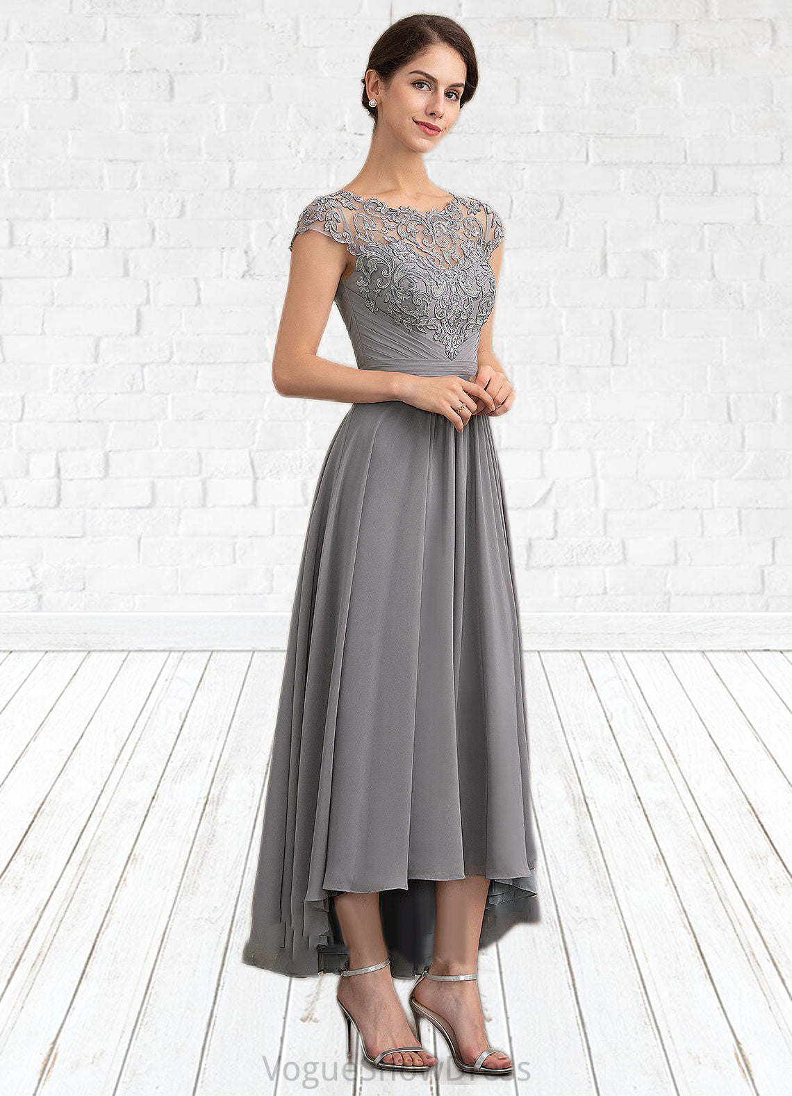 Harper A-Line Scoop Neck Asymmetrical Chiffon Lace Mother of the Bride Dress DL126P0014556