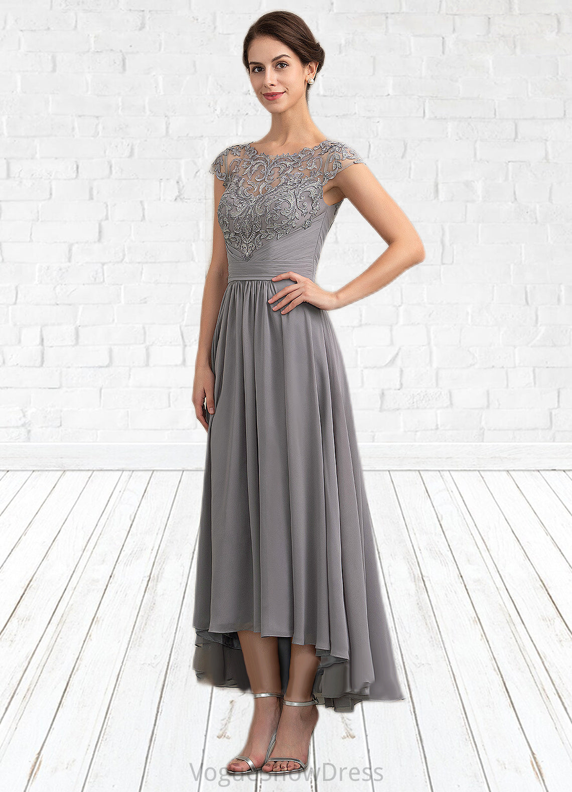 Harper A-Line Scoop Neck Asymmetrical Chiffon Lace Mother of the Bride Dress DL126P0014556