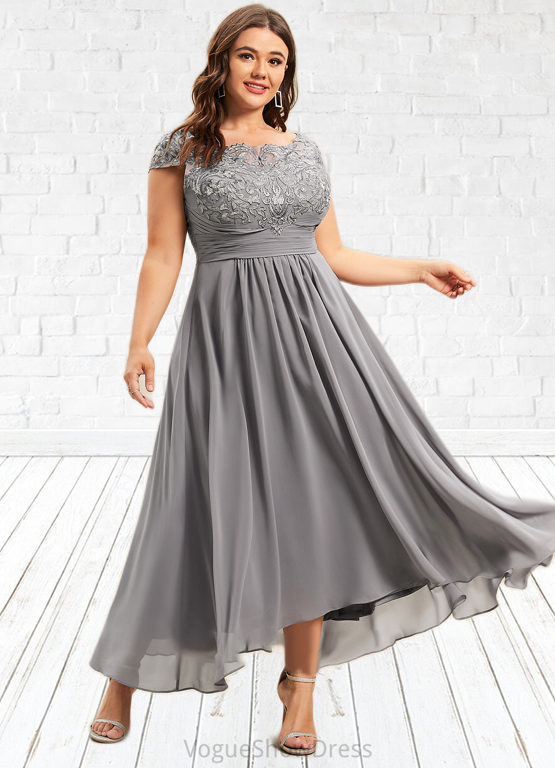 Harper A-Line Scoop Neck Asymmetrical Chiffon Lace Mother of the Bride Dress DL126P0014556