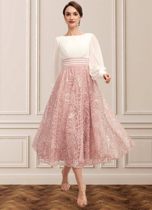 Lana A-Line Scoop Neck Tea-Length Chiffon Lace Mother of the Bride Dress With Beading DL126P0014557