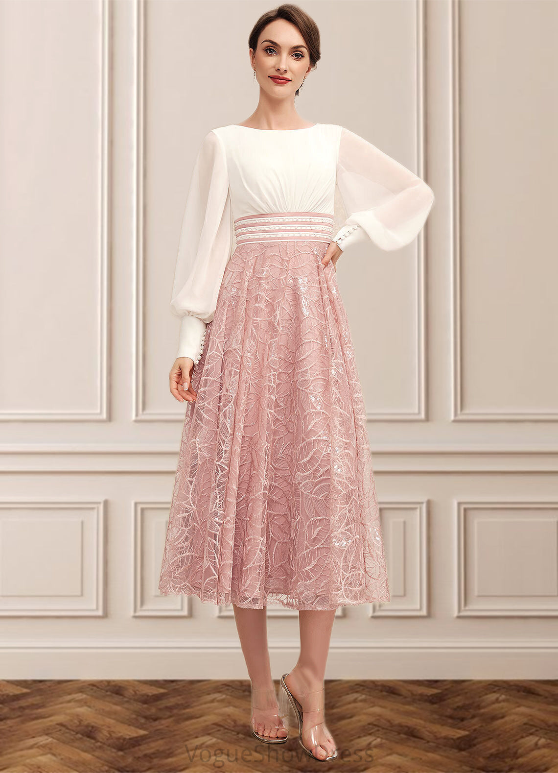 Lana A-Line Scoop Neck Tea-Length Chiffon Lace Mother of the Bride Dress With Beading DL126P0014557