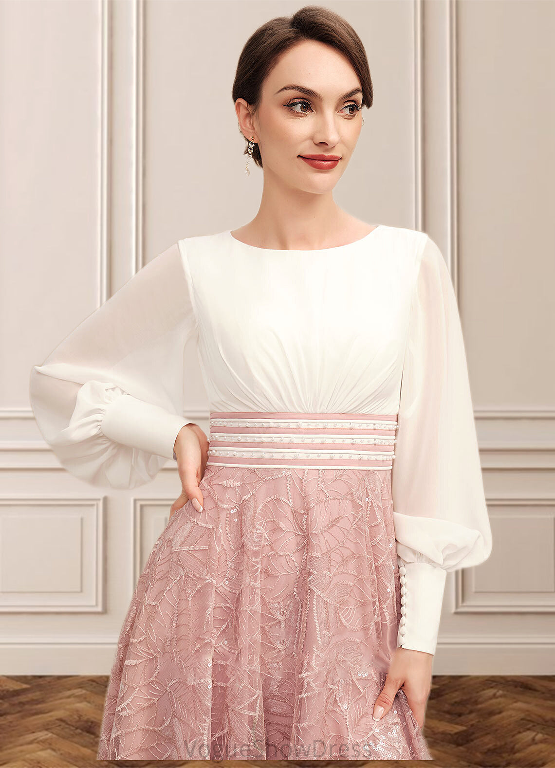 Lana A-Line Scoop Neck Tea-Length Chiffon Lace Mother of the Bride Dress With Beading DL126P0014557