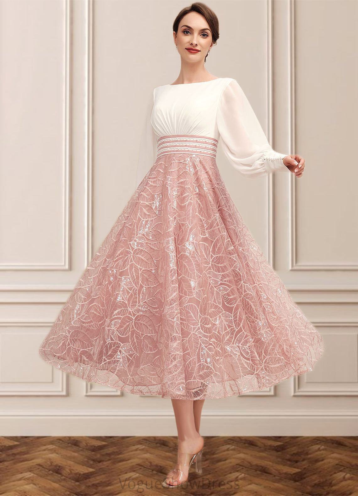 Lana A-Line Scoop Neck Tea-Length Chiffon Lace Mother of the Bride Dress With Beading DL126P0014557