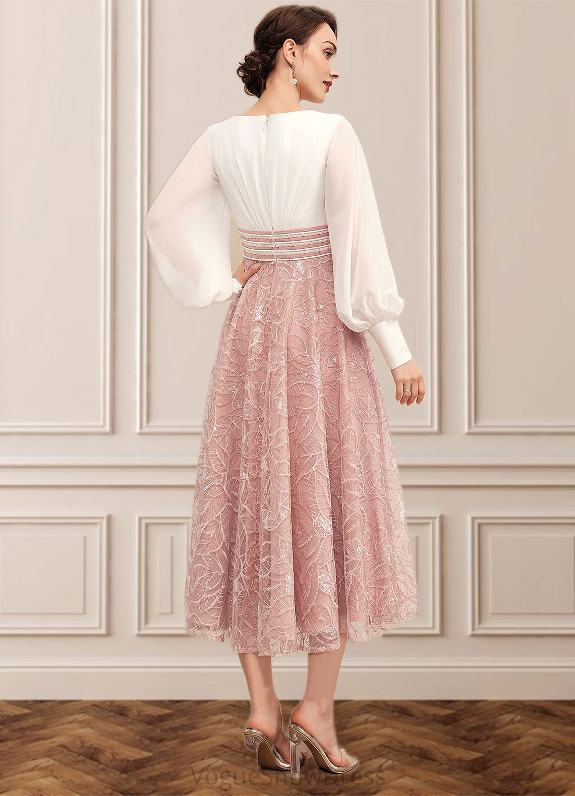 Lana A-Line Scoop Neck Tea-Length Chiffon Lace Mother of the Bride Dress With Beading DL126P0014557