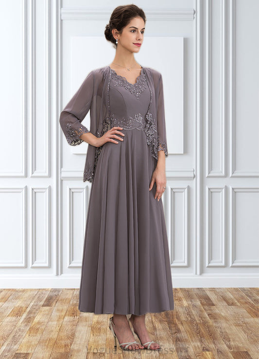 Emilie A-line V-Neck Ankle-Length Chiffon Mother of the Bride Dress With Beading Appliques Lace Sequins DL126P0014558