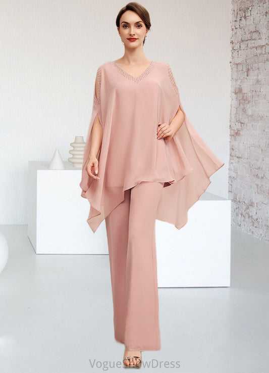 Sadie Jumpsuit/Pantsuit V-neck Floor-Length Chiffon Mother of the Bride Dress With Beading DL126P0014560