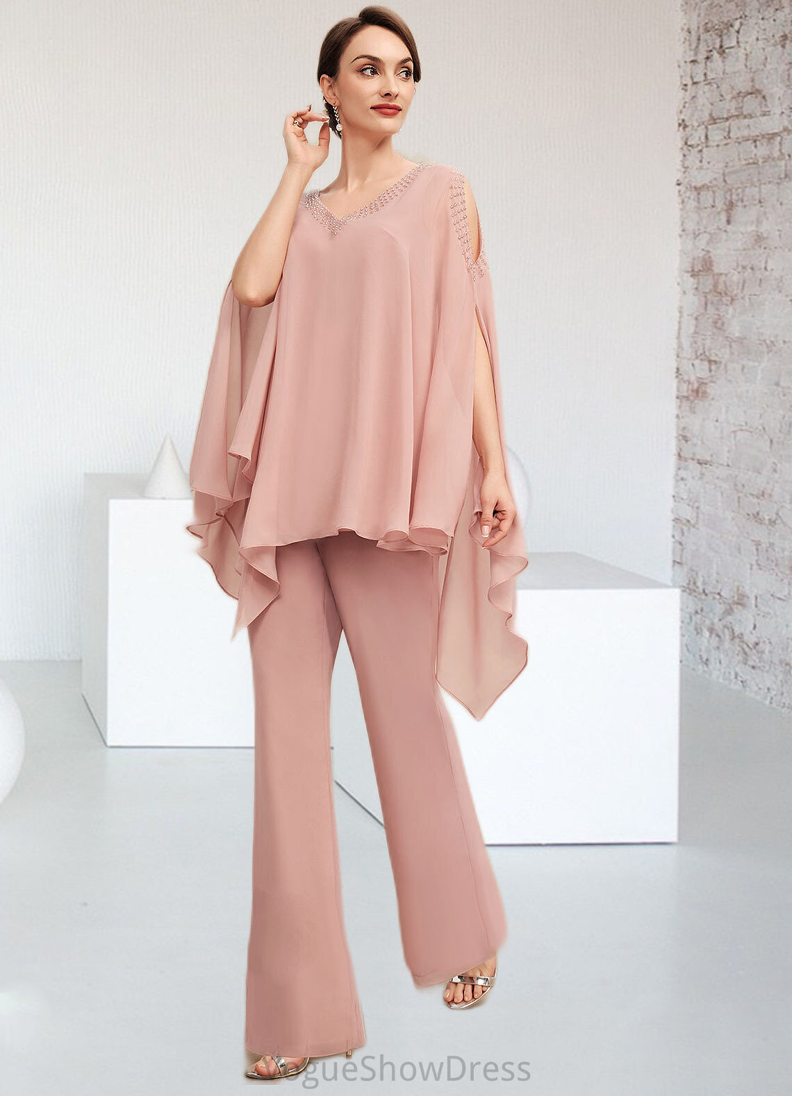 Sadie Jumpsuit/Pantsuit V-neck Floor-Length Chiffon Mother of the Bride Dress With Beading DL126P0014560