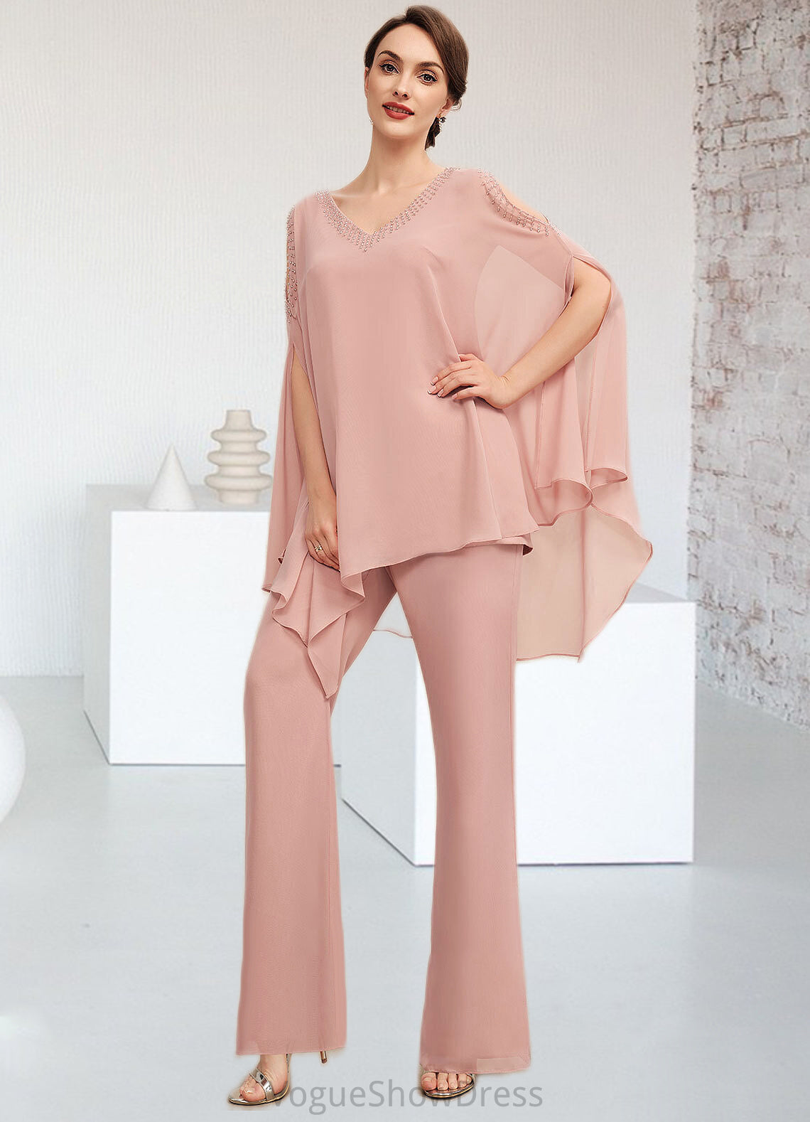 Sadie Jumpsuit/Pantsuit V-neck Floor-Length Chiffon Mother of the Bride Dress With Beading DL126P0014560