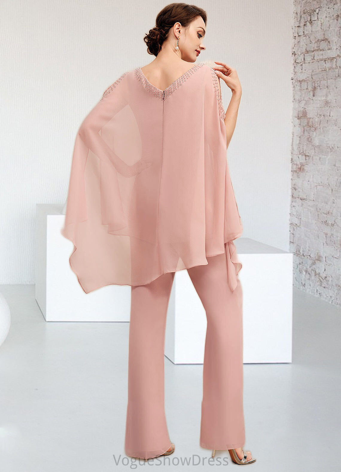 Sadie Jumpsuit/Pantsuit V-neck Floor-Length Chiffon Mother of the Bride Dress With Beading DL126P0014560