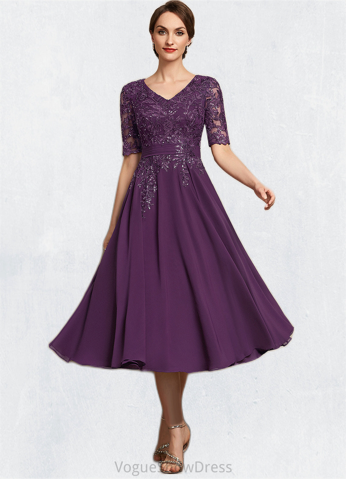 Cora A-line V-Neck Tea-Length Chiffon Lace Mother of the Bride Dress With Sequins DL126P0014561