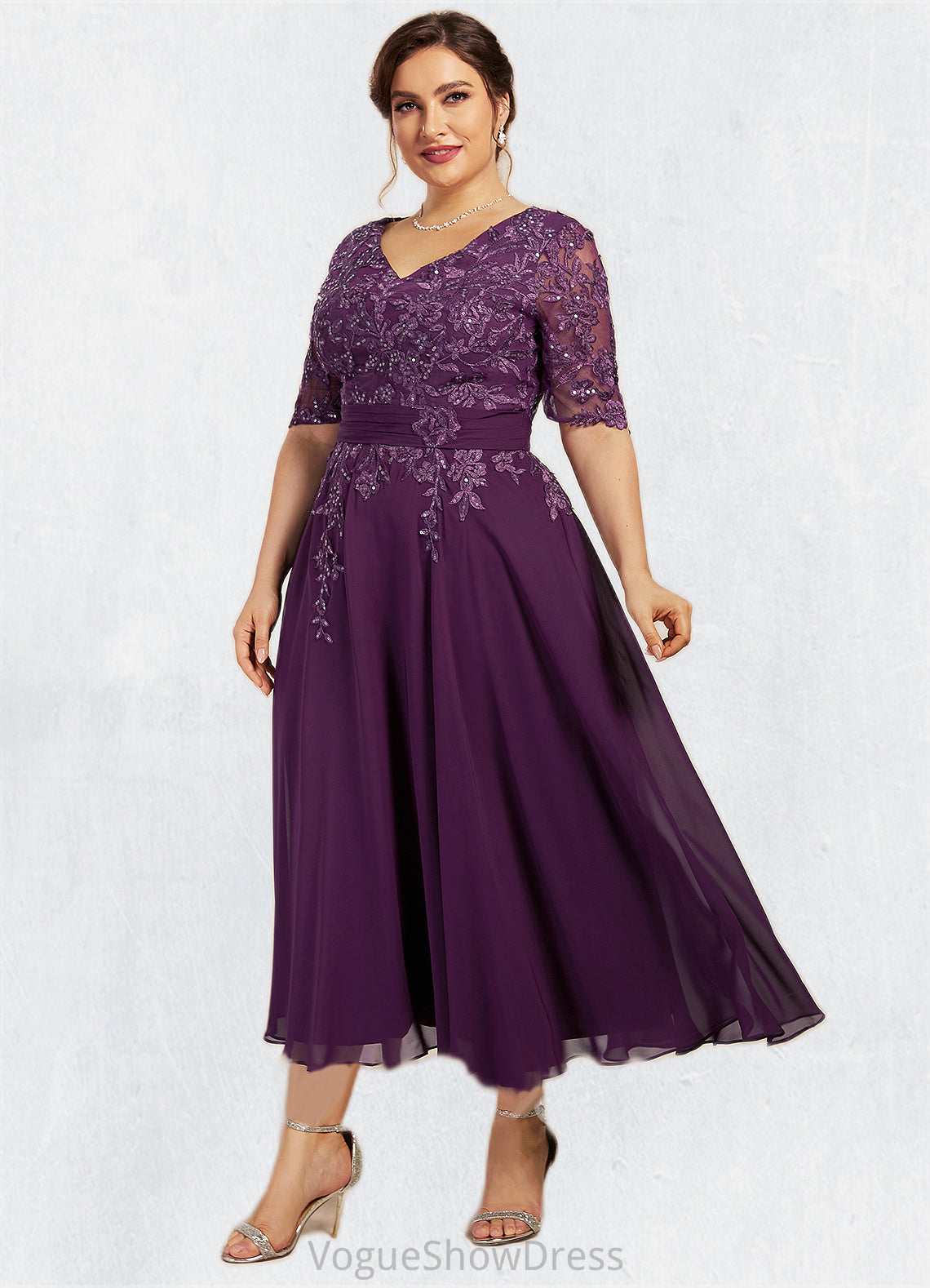 Cora A-line V-Neck Tea-Length Chiffon Lace Mother of the Bride Dress With Sequins DL126P0014561