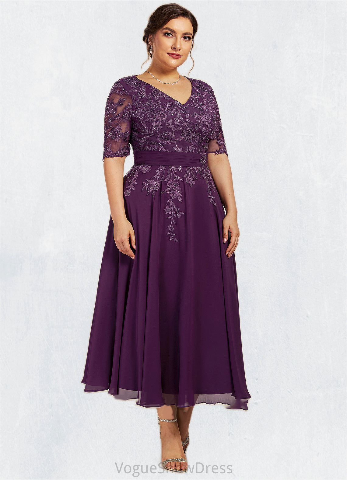 Cora A-line V-Neck Tea-Length Chiffon Lace Mother of the Bride Dress With Sequins DL126P0014561