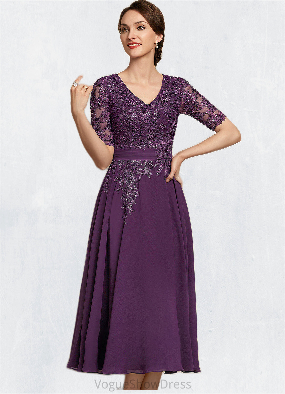 Cora A-line V-Neck Tea-Length Chiffon Lace Mother of the Bride Dress With Sequins DL126P0014561