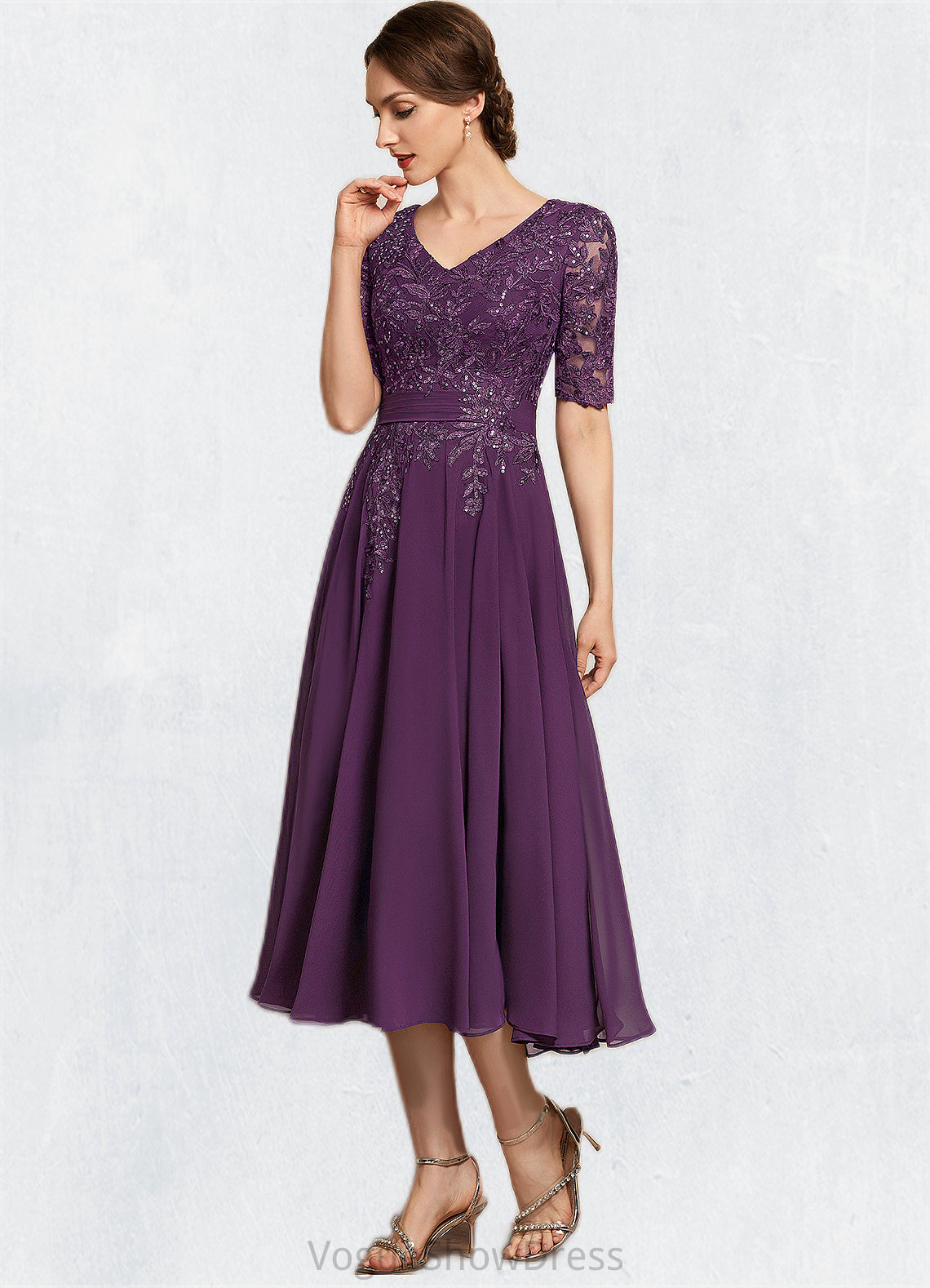 Cora A-line V-Neck Tea-Length Chiffon Lace Mother of the Bride Dress With Sequins DL126P0014561