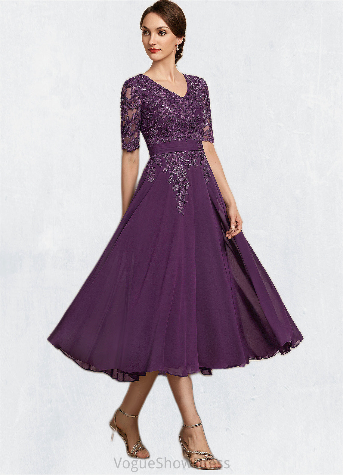 Cora A-line V-Neck Tea-Length Chiffon Lace Mother of the Bride Dress With Sequins DL126P0014561