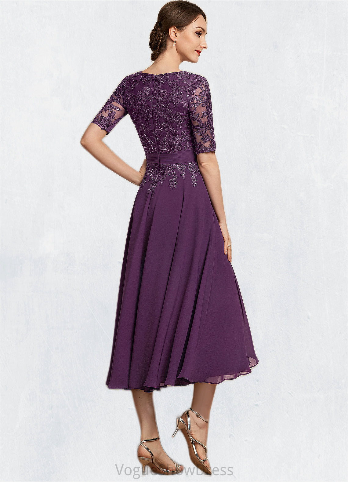 Cora A-line V-Neck Tea-Length Chiffon Lace Mother of the Bride Dress With Sequins DL126P0014561