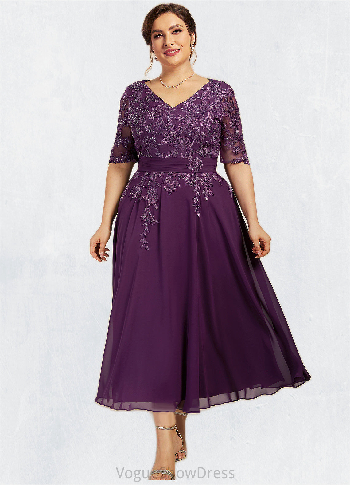 Cora A-line V-Neck Tea-Length Chiffon Lace Mother of the Bride Dress With Sequins DL126P0014561