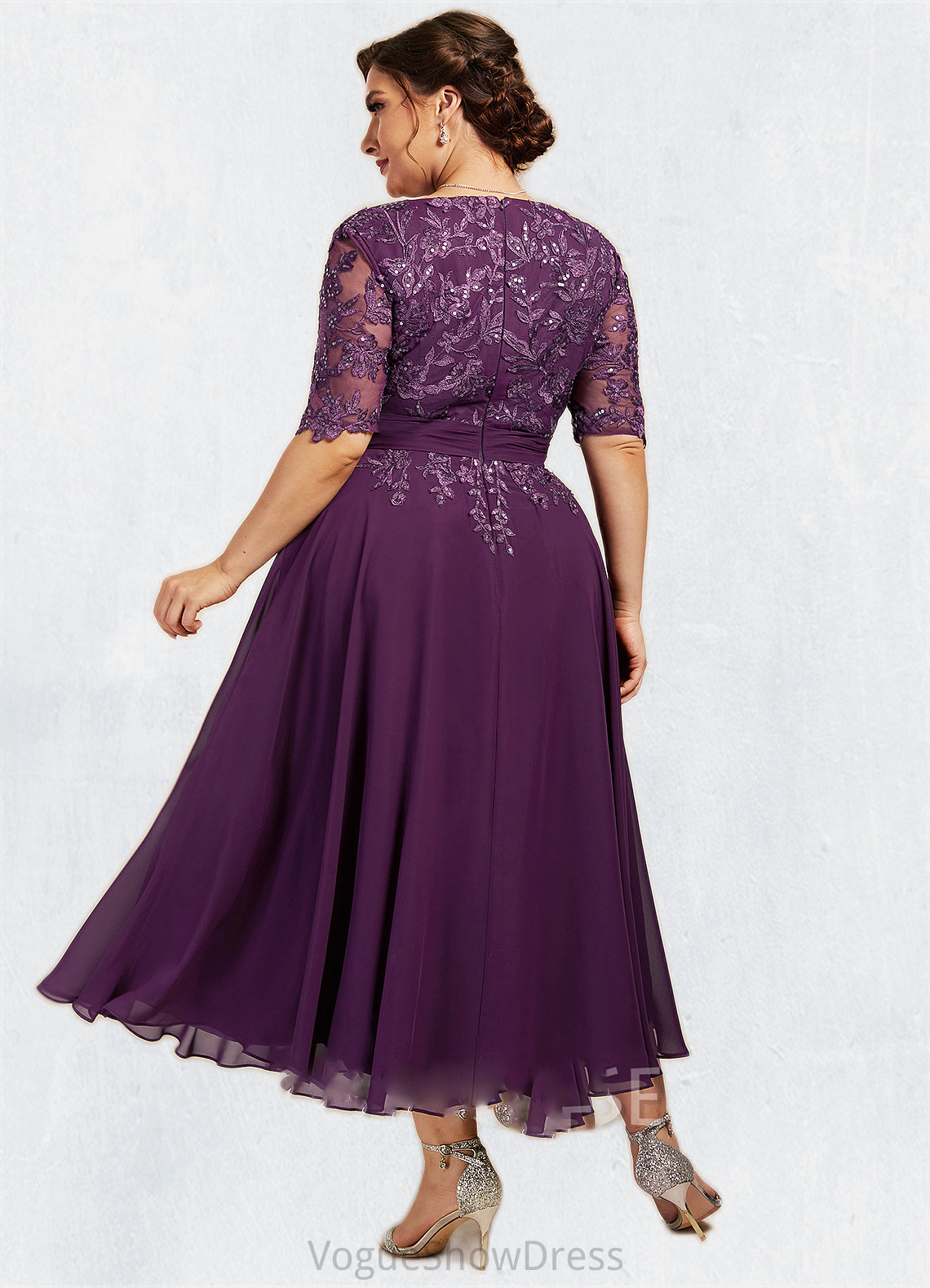 Cora A-line V-Neck Tea-Length Chiffon Lace Mother of the Bride Dress With Sequins DL126P0014561