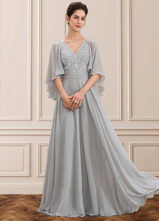 Tricia A-line V-Neck Floor-Length Chiffon Lace Mother of the Bride Dress With Beading Sequins DL126P0014563