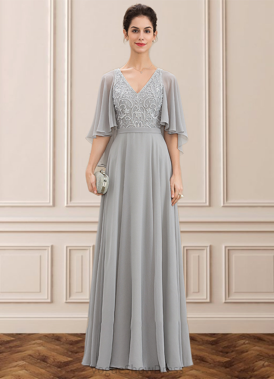 Tricia A-line V-Neck Floor-Length Chiffon Lace Mother of the Bride Dress With Beading Sequins DL126P0014563